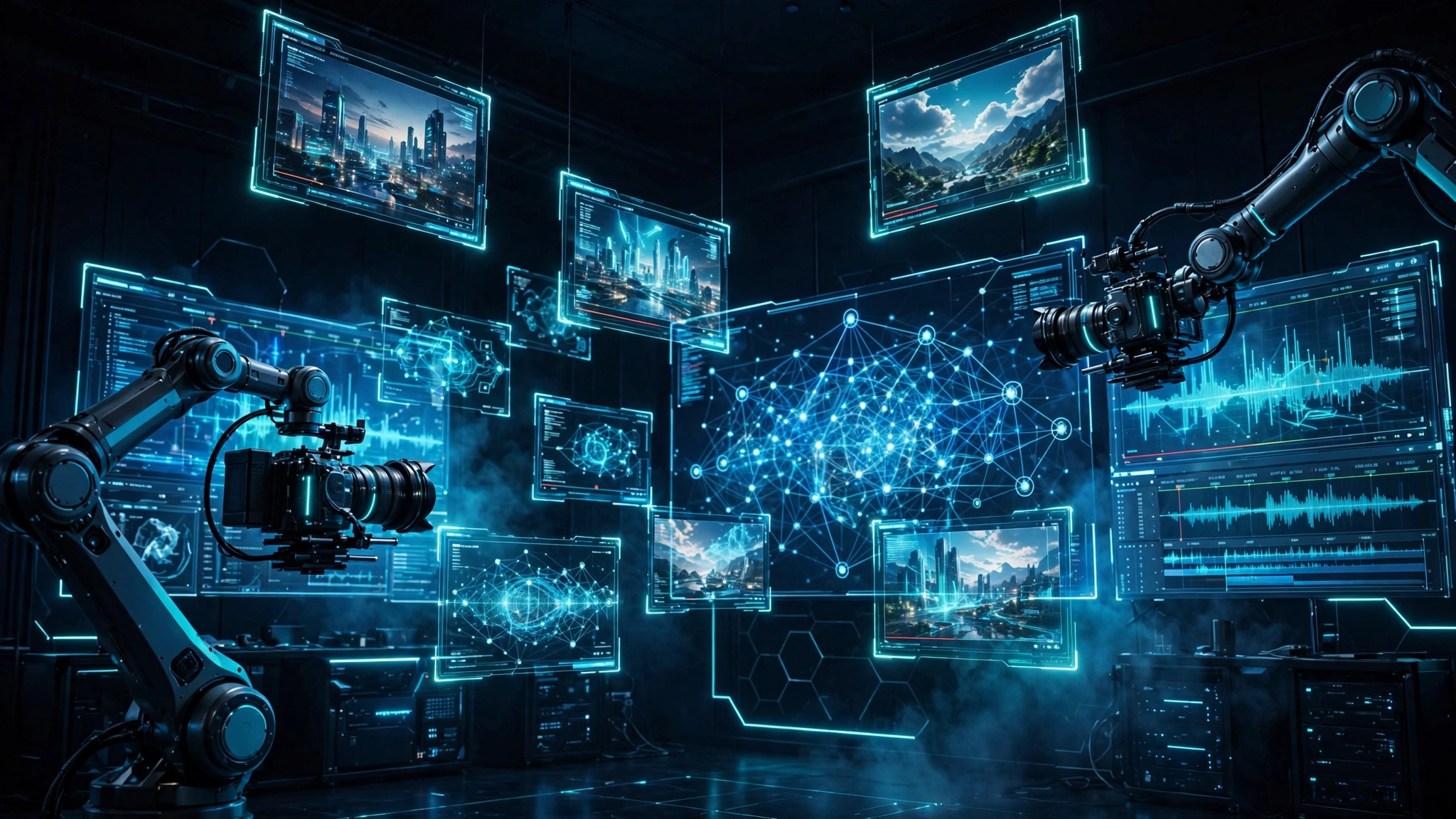 Futuristic AI video production studio
